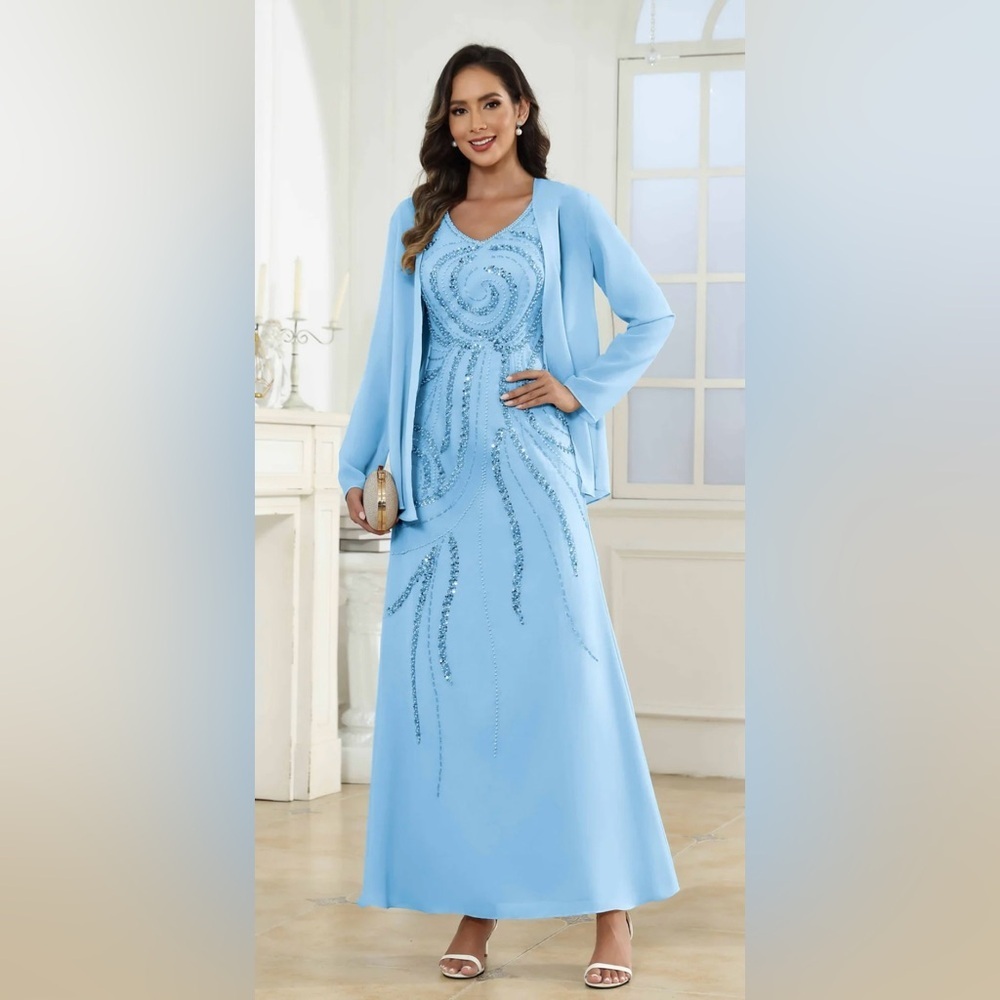 Elegant Light Blue Long Sleeve Evening Dress with Jacket